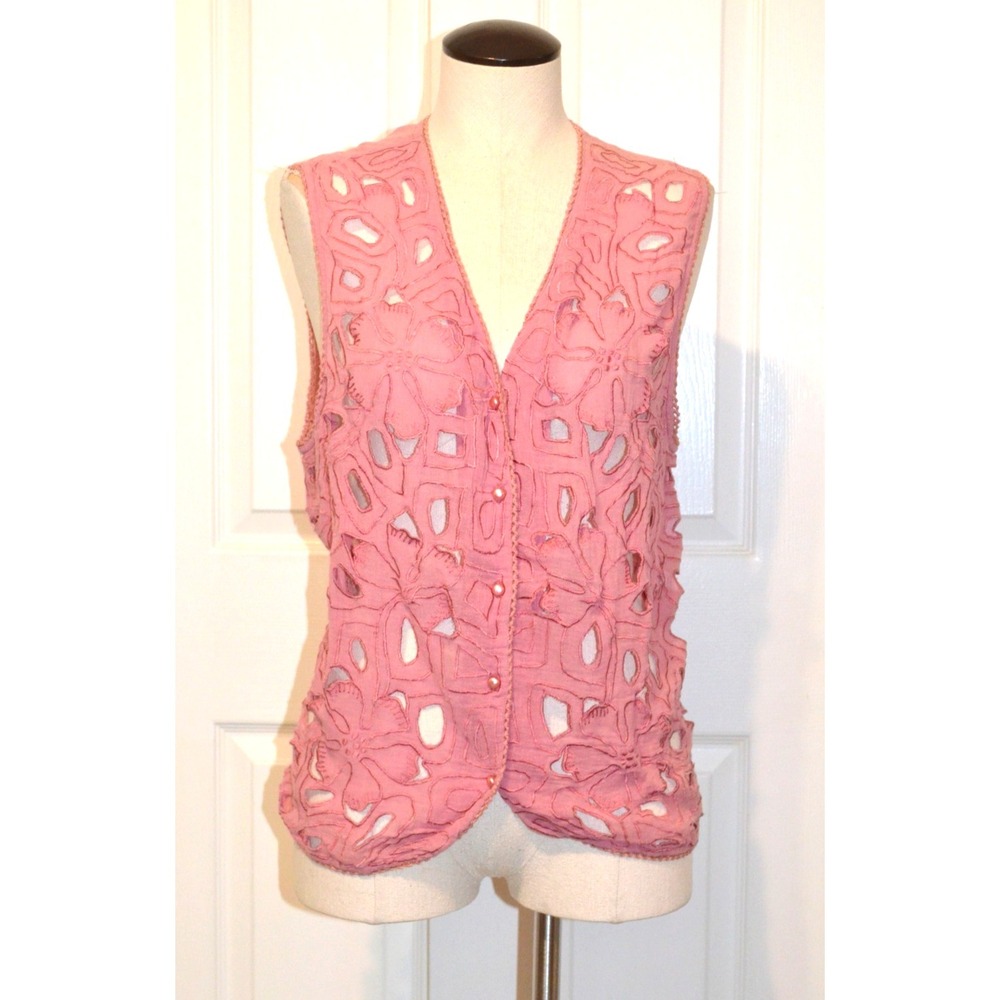 Framm Sleeveless Pink Button Front‎ Blouse Womens L Cutwork & Embroidered Detail